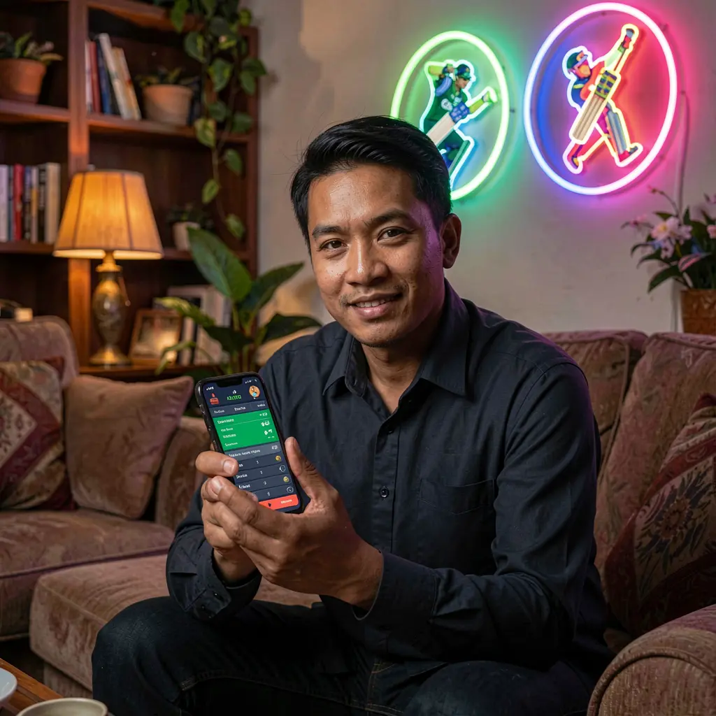 BC JILLI App – Bet on your favorite sports anytime in the Philippines Focused Filipino man using the BC JILLI sports betting app on his phone with neon cricket icons glowing behind him at night