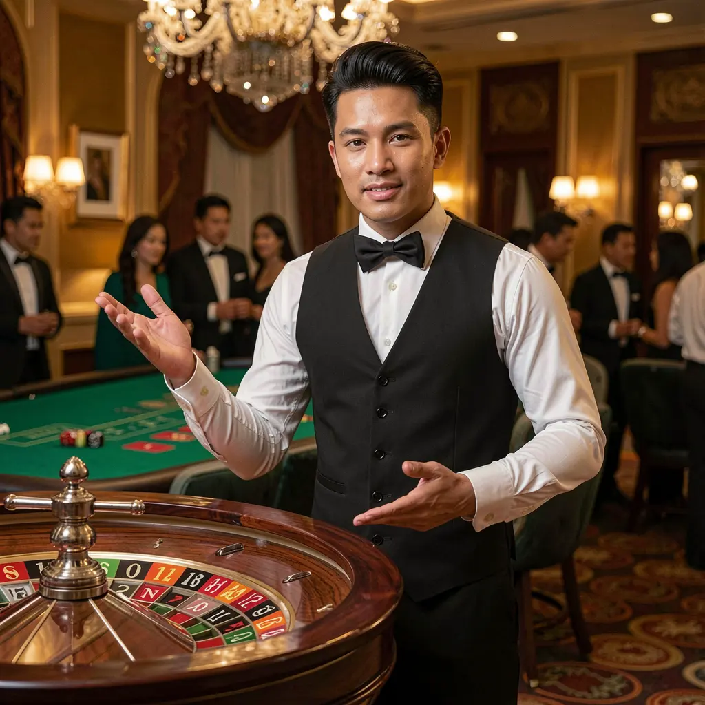 Professional casino dealer presenting a roulette table in a luxury gaming hall at BC JILLI Casino for players in the Philippines