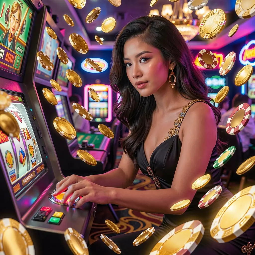 A glamorous Filipino woman enjoying a high-end slot machine experience with floating gold coins at BC JILLI casino reflecting the excitement of online slots in the Philippines